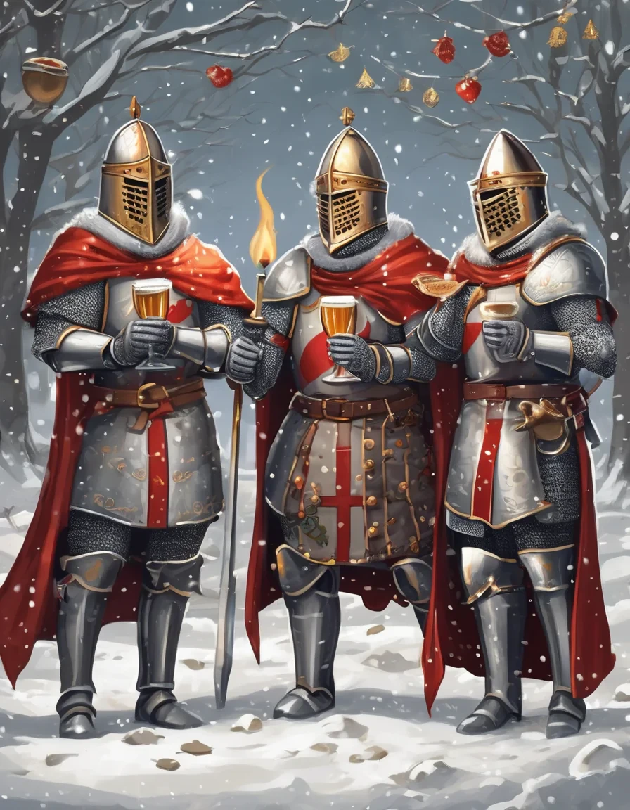 a festive illustration of four Templar knights celebrating New Year’s Eve in a winter setting. The knights are wearing detailed medieval Templar armor, decorated with subtle red and gold accents, their helmets lifted or slightly open to show joyful expressions. They are raising goblets and mugs in a toast, laughing and celebrating together. Snow is gently falling around them, with a cozy winter night atmosphere, glowing lanterns, fireworks in the sky, and a decorated medieval fortress or snowy village in the background.  The overall mood is warm, fun, and heroic despite the cold winter environment. Dominant colors are red, gold, and silver, with soft white snow highlights. Cinematic lighting, high detail, fantasy medieval style, slightly humorous and friendly tone, epic yet light-hearted New Year celebration