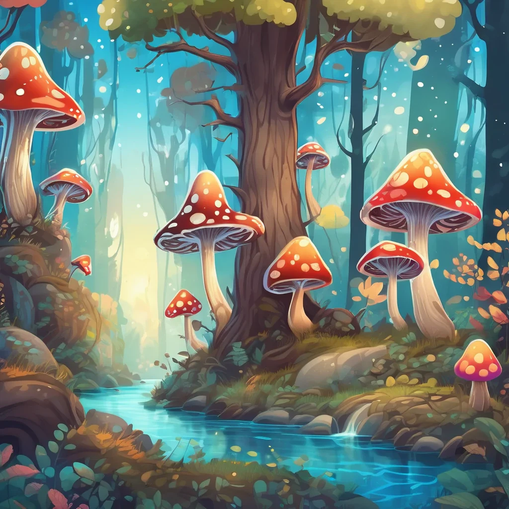 A whimsical cartoon forest with glowing mushrooms, tall trees with colorful leaves, a sparkling river, and friendly forest creatures peeking out. Soft, inviting light, vibrant colors, clear blue sky, highly detailed storybook illustration.