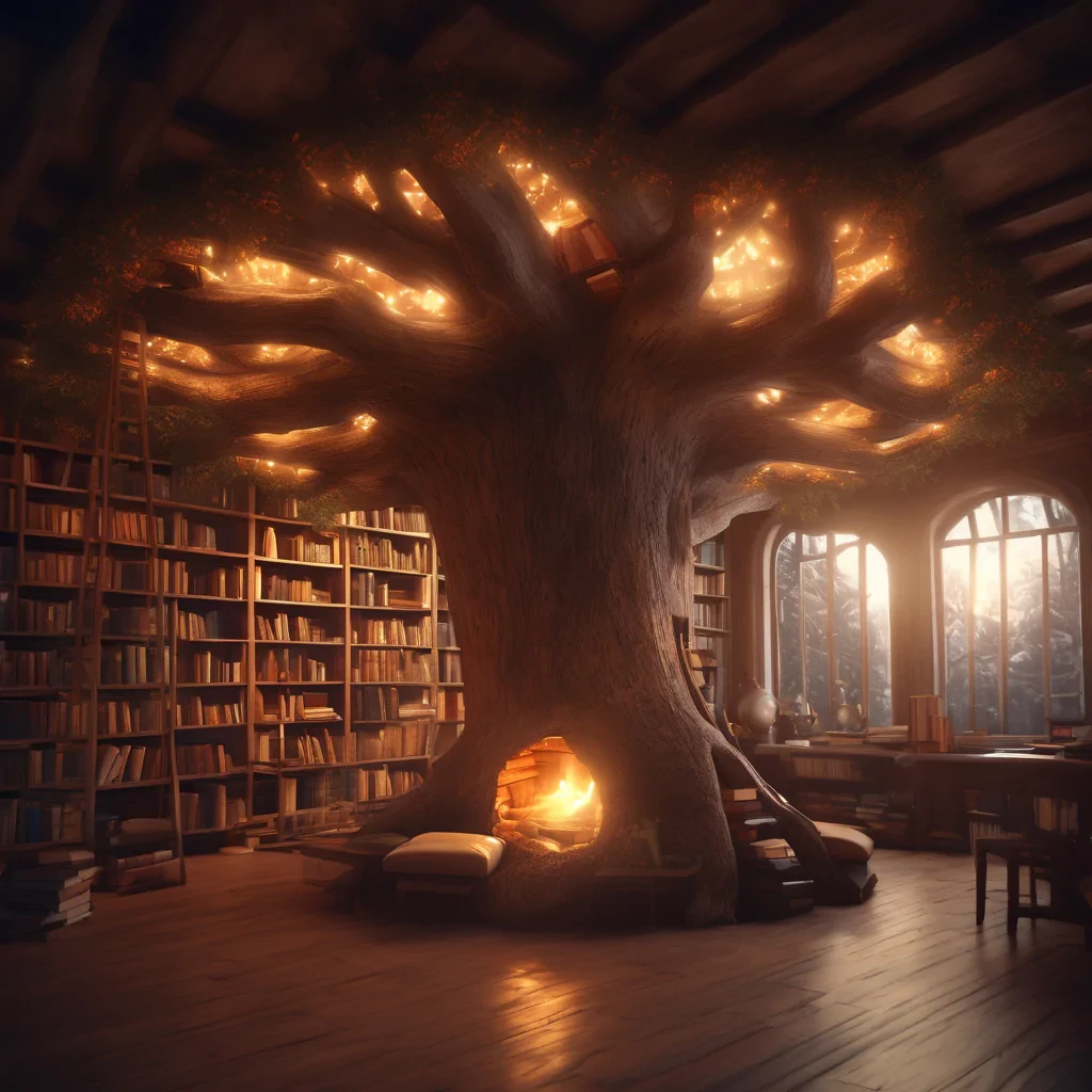 "A cozy, hidden bookstore inside a giant, hollowed-out tree trunk, shelves overflowing with ancient, glowing books, warm fireplace light, low angle shot, octane render."