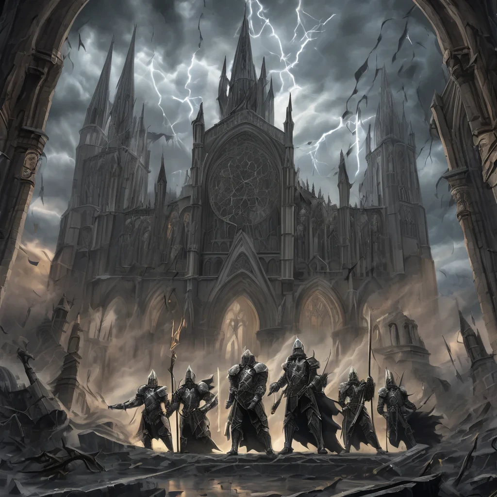 A vertical A4 epic gothic fantasy illustration for a heavy metal concert poster. In the background, a vast ruined gothic cathedral with broken arches, shattered stained glass and towering spires, partially collapsed, surrounded by mist and shadows. Above the cathedral, a dramatic stormy sky with dark clouds, lightning bolts and swirling winds.  In the foreground, four armored knights standing as a sacred order, wearing detailed medieval plate armor with engraved symbols. Each knight carries banners, swords and shields, their stances heroic and solemn. The banners flow violently in the storm wind.  A divine golden and white light descends from the sky, illuminating the knights, creating a holy and powerful aura, with rays of light cutting through the darkness.  Dark epic atmosphere, cinematic lighting, high contrast, dramatic perspective, ultra-detailed, realistic fantasy art, medieval sacred war aesthetic, power metal album cover style.  Empty space at the top and bottom for band logo and concert details. Vertical composition, poster-ready, high resolution