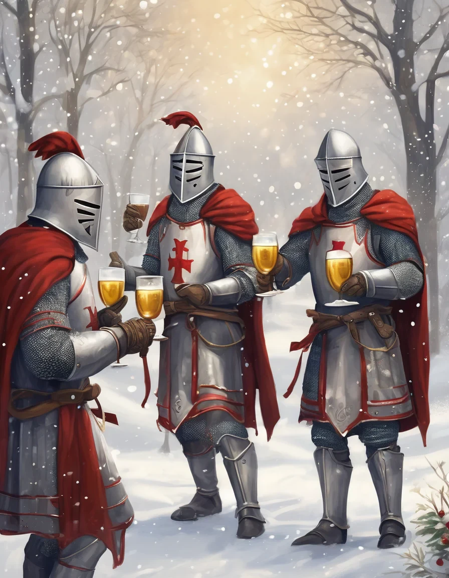 A cheerful and festive illustration of four Templar knights celebrating New Year’s Eve in a winter setting. The knights are wearing detailed medieval Templar armor, decorated with subtle red and gold accents, their helmets lifted or slightly open to show joyful expressions. They are raising goblets and mugs in a toast, laughing and celebrating together. Snow is gently falling around them, with a cozy winter night atmosphere, glowing lanterns, fireworks in the sky, and a decorated medieval fortress or snowy village in the background.  The overall mood is warm, fun, and heroic despite the cold winter environment. Dominant colors are red, gold, and silver, with soft white snow highlights. Cinematic lighting, high detail, fantasy medieval style, slightly humorous and friendly tone, epic yet light-hearted New Year celebration