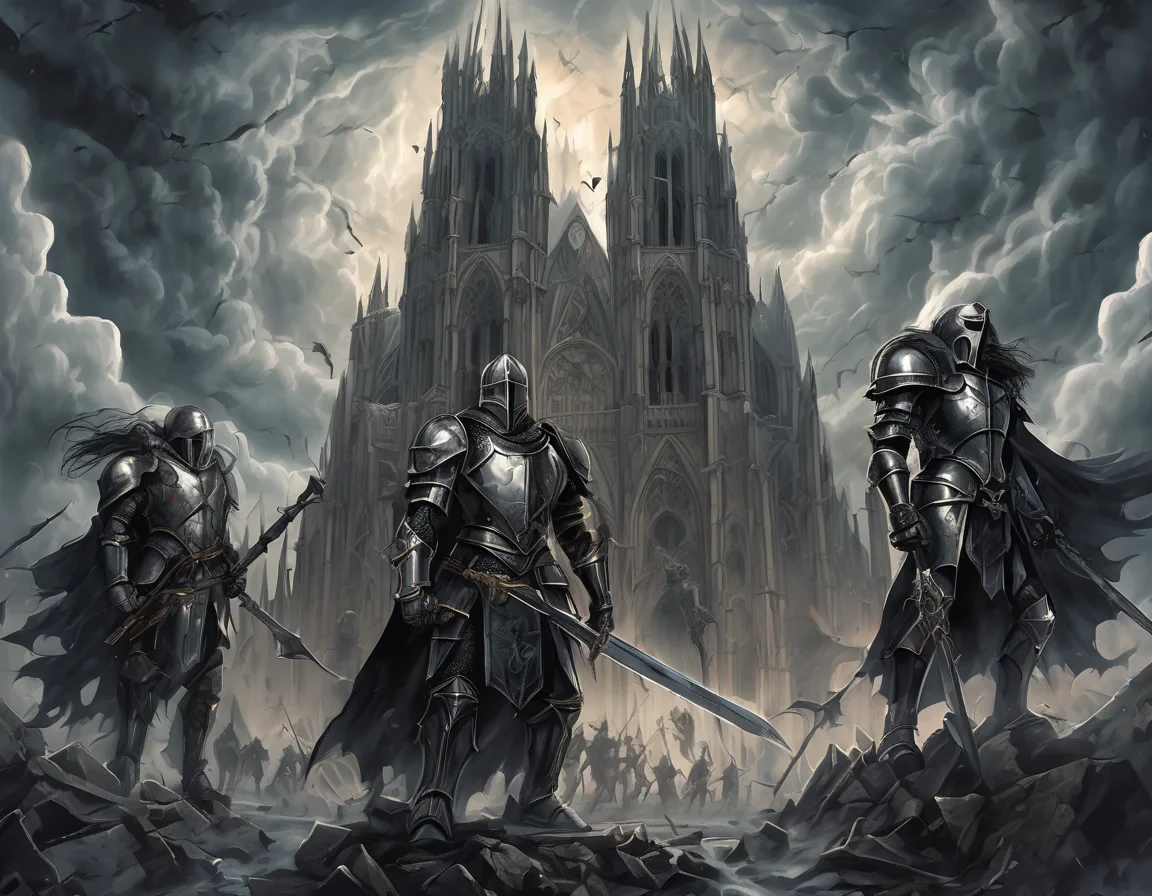 A vertical A4 epic gothic fantasy illustration for a heavy metal concert poster. In the background, a vast ruined gothic cathedral with broken arches, shattered stained glass and towering spires, partially collapsed, surrounded by mist and shadows. Above the cathedral, a dramatic stormy sky with dark clouds, lightning bolts and swirling winds.  In the foreground, four armored knights standing as a sacred order, wearing detailed medieval plate armor with engraved symbols. Each knight carries banners, swords and shields, their stances heroic and solemn. The banners flow violently in the storm wind.  A divine golden and white light descends from the sky, illuminating the knights, creating a holy and powerful aura, with rays of light cutting through the darkness.  Dark epic atmosphere, cinematic lighting, high contrast, dramatic perspective, ultra-detailed, realistic fantasy art, medieval sacred war aesthetic, power metal album cover style.  Empty space at the top and bottom for band logo and concert details. Vertical composition, poster-ready, high resolution