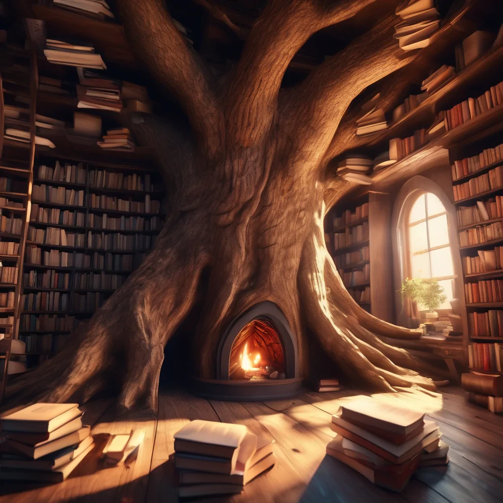"A cozy, hidden bookstore inside a giant, hollowed-out tree trunk, shelves overflowing with ancient, glowing books, warm fireplace light, low angle shot, octane render."