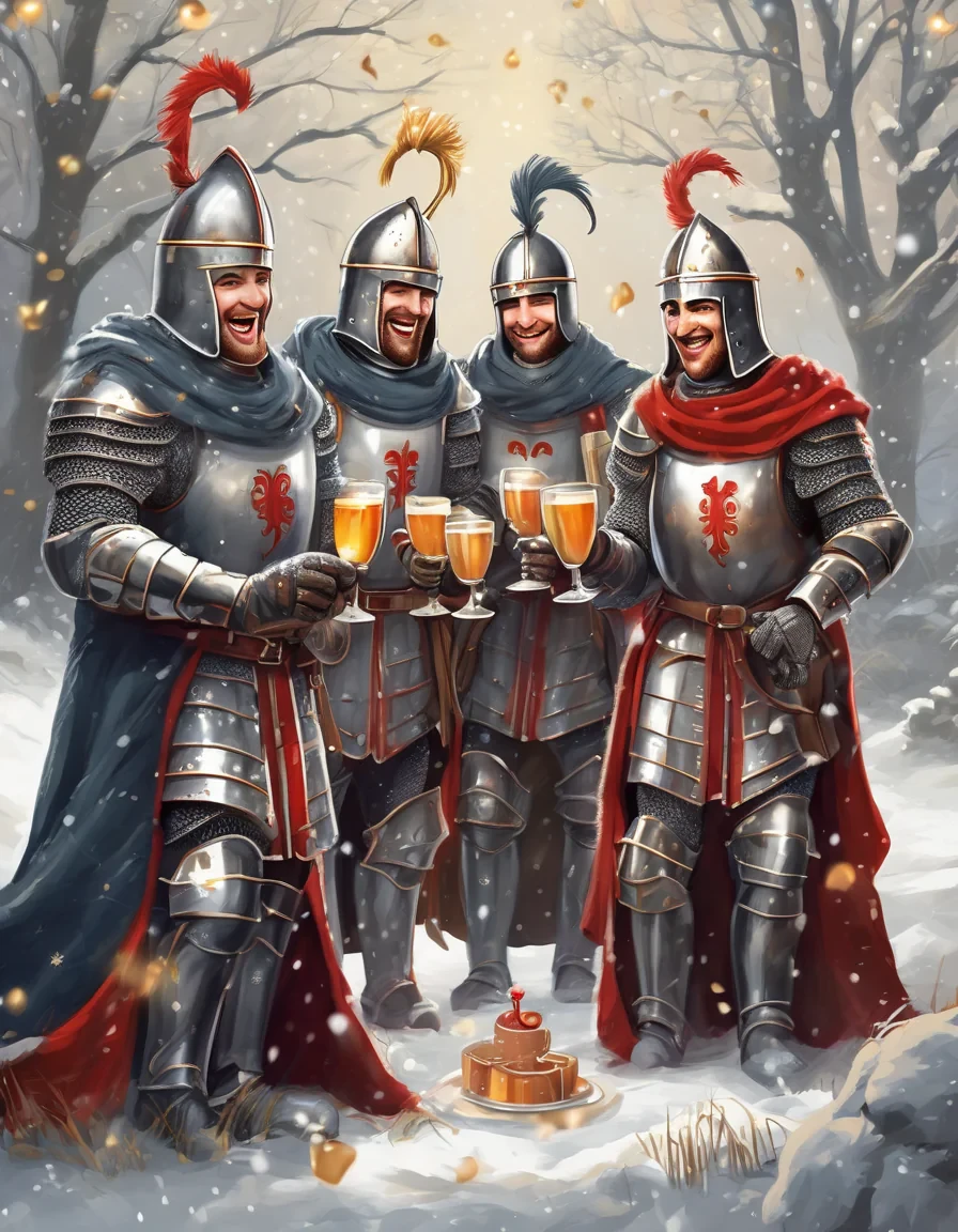 A cheerful and festive illustration of four Templar knights celebrating New Year’s Eve in a winter setting. The knights are wearing detailed medieval Templar armor, decorated with subtle red and gold accents, their helmets lifted or slightly open to show joyful expressions. They are raising goblets and mugs in a toast, laughing and celebrating together. Snow is gently falling around them, with a cozy winter night atmosphere, glowing lanterns, fireworks in the sky, and a decorated medieval fortress or snowy village in the background.  The overall mood is warm, fun, and heroic despite the cold winter environment. Dominant colors are red, gold, and silver, with soft white snow highlights. Cinematic lighting, high detail, fantasy medieval style, slightly humorous and friendly tone, epic yet light-hearted New Year celebration