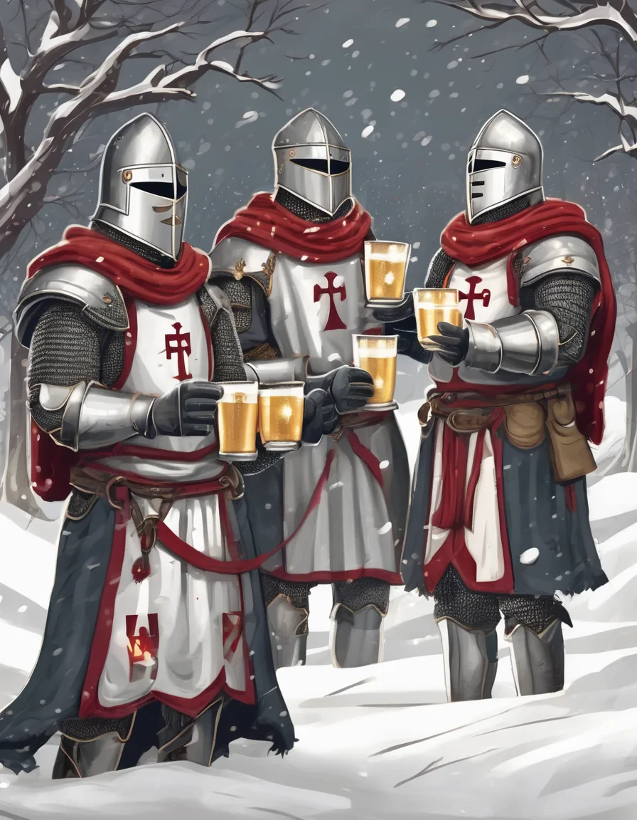 a festive illustration of four Templar knights celebrating New Year’s Eve in a winter setting. The knights are wearing detailed medieval Templar armor, decorated with subtle red and gold accents, their helmets lifted or slightly open to show joyful expressions. They are raising goblets and mugs in a toast, laughing and celebrating together. Snow is gently falling around them, with a cozy winter night atmosphere, glowing lanterns, fireworks in the sky, and a decorated medieval fortress or snowy village in the background.  The overall mood is warm, fun, and heroic despite the cold winter environment. Dominant colors are red, gold, and silver, with soft white snow highlights. Cinematic lighting, high detail, fantasy medieval style, slightly humorous and friendly tone, epic yet light-hearted New Year celebration
