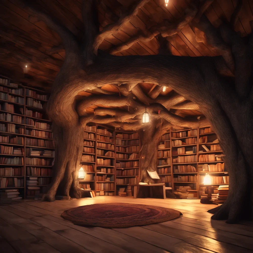 "A cozy, hidden bookstore inside a giant, hollowed-out tree trunk, shelves overflowing with ancient, glowing books, warm fireplace light, low angle shot, octane render."