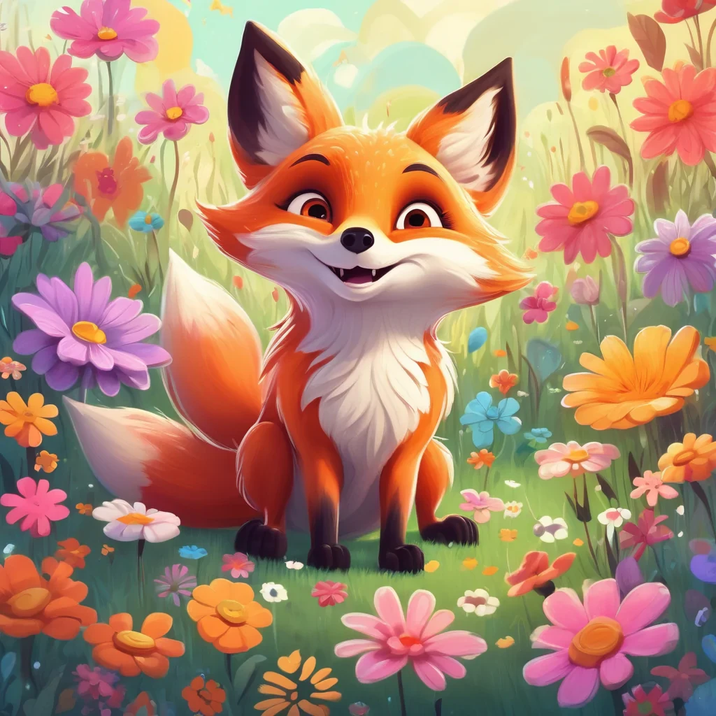 A cute cartoon character, a joyful little fox with big eyes, sitting among giant, colorful, whimsical flowers in a vibrant meadow. Bright, sunny day, soft pastel colors, storybook illustration style, high detail, volumetric lighting, cheerful atmosphere.