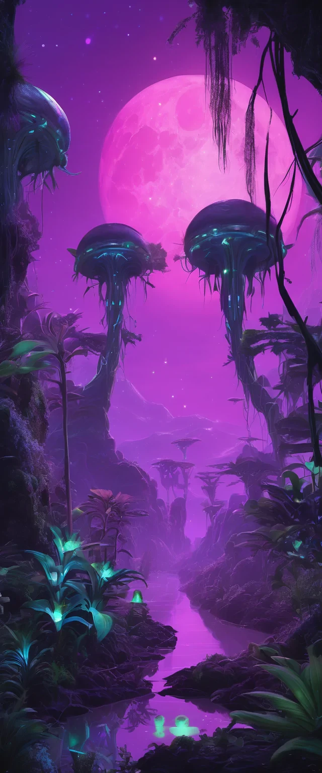 An alien jungle glowing with bioluminescent plants, under a violet sky with twin moons,