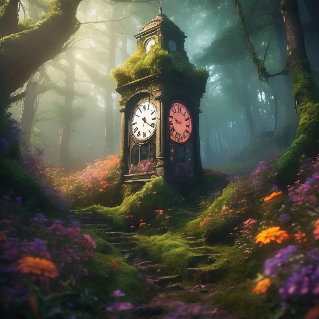 "An antique clock tower covered in vibrant moss and overgrown with luminous fantasy flowers, in a foggy, sunlit forest clearing, concept art, cinematic lighting, dramatic