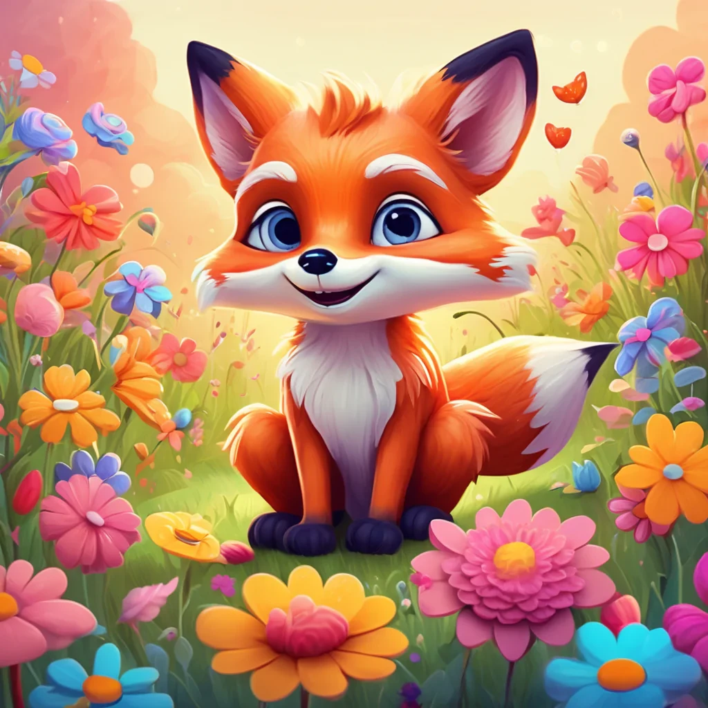 A cute cartoon character, a joyful little fox with big eyes, sitting among giant, colorful, whimsical flowers in a vibrant meadow. Bright, sunny day, soft pastel colors, storybook illustration style, high detail, volumetric lighting, cheerful atmosphere.