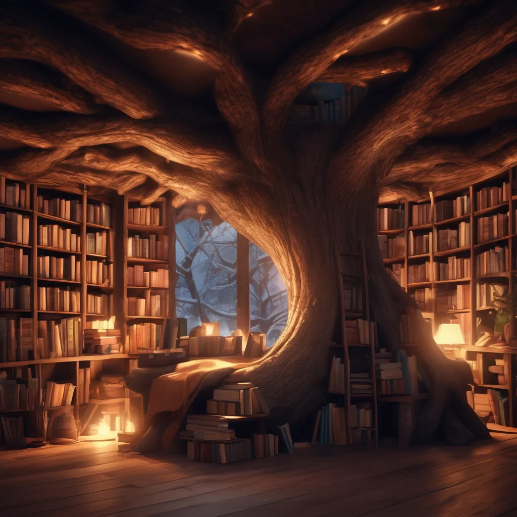 "A cozy, hidden bookstore inside a giant, hollowed-out tree trunk, shelves overflowing with ancient, glowing books, warm fireplace light, low angle shot, octane render."