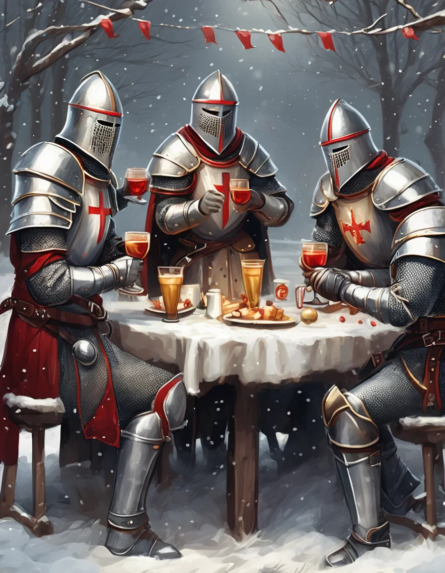A cheerful and festive illustration of four Templar knights celebrating New Year’s Eve in a winter setting. The knights are wearing detailed medieval Templar armor, decorated with subtle red and gold accents, their helmets lifted or slightly open to show joyful expressions. They are raising goblets and mugs in a toast, laughing and celebrating together. Snow is gently falling around them, with a cozy winter night atmosphere, glowing lanterns, fireworks in the sky, and a decorated medieval fortress or snowy village in the background.  The overall mood is warm, fun, and heroic despite the cold winter environment. Dominant colors are red, gold, and silver, with soft white snow highlights. Cinematic lighting, high detail, fantasy medieval style, slightly humorous and friendly tone, epic yet light-hearted New Year celebration