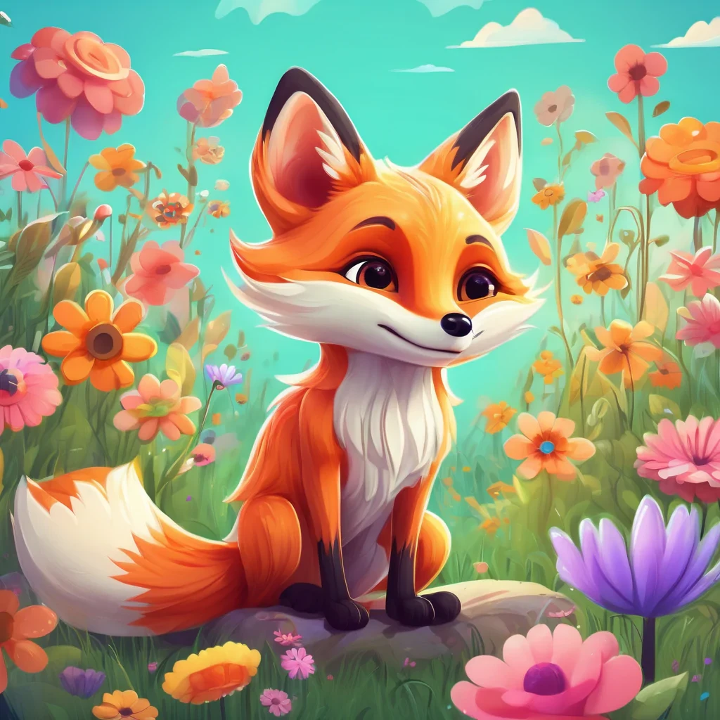 A cute cartoon character, a joyful little fox with big eyes, sitting among giant, colorful, whimsical flowers in a vibrant meadow. Bright, sunny day, soft pastel colors, storybook illustration style, high detail, volumetric lighting, cheerful atmosphere.