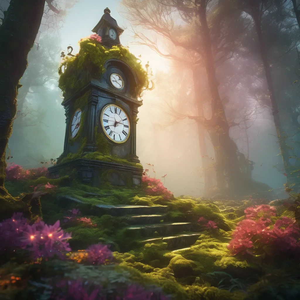 "An antique clock tower covered in vibrant moss and overgrown with luminous fantasy flowers, in a foggy, sunlit forest clearing, concept art, cinematic lighting, dramatic