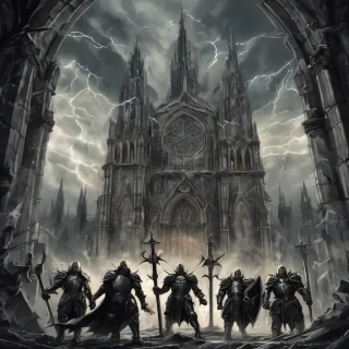 A vertical A4 epic gothic fantasy illustration for a heavy metal concert poster. In the background, a vast ruined gothic cathedral with broken arches, shattered stained glass and towering spires, partially collapsed, surrounded by mist and shadows. Above the cathedral, a dramatic stormy sky with dark clouds, lightning bolts and swirling winds.  In the foreground, four armored knights standing as a sacred order, wearing detailed medieval plate armor with engraved symbols. Each knight carries banners, swords and shields, their stances heroic and solemn. The banners flow violently in the storm wind.  A divine golden and white light descends from the sky, illuminating the knights, creating a holy and powerful aura, with rays of light cutting through the darkness.  Dark epic atmosphere, cinematic lighting, high contrast, dramatic perspective, ultra-detailed, realistic fantasy art, medieval sacred war aesthetic, power metal album cover style.  Empty space at the top and bottom for band logo and concert details. Vertical composition, poster-ready, high resolution