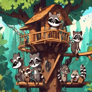 A group of adventurous raccoons in a treehouse filled with gadgets, cartoon style, rich forest background