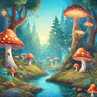A whimsical cartoon forest with glowing mushrooms, tall trees with colorful leaves, a sparkling river, and friendly forest creatures peeking out. Soft, inviting light, vibrant colors, clear blue sky, highly detailed storybook illustration.