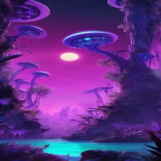 An alien jungle glowing with bioluminescent plants, under a violet sky with twin moons,