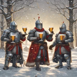 A cheerful and festive illustration of four Templar knights celebrating New Year’s Eve in a winter setting. The knights are wearing detailed medieval Templar armor, decorated with subtle red and gold accents, their helmets lifted or slightly open to show joyful expressions. They are raising goblets and mugs in a toast, laughing and celebrating together. Snow is gently falling around them, with a cozy winter night atmosphere, glowing lanterns, fireworks in the sky, and a decorated medieval fortress or snowy village in the background.  The overall mood is warm, fun, and heroic despite the cold winter environment. Dominant colors are red, gold, and silver, with soft white snow highlights. Cinematic lighting, high detail, fantasy medieval style, slightly humorous and friendly tone, epic yet light-hearted New Year celebration