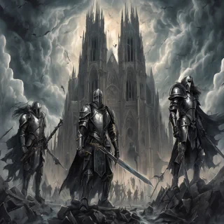 A vertical A4 epic gothic fantasy illustration for a heavy metal concert poster. In the background, a vast ruined gothic cathedral with broken arches, shattered stained glass and towering spires, partially collapsed, surrounded by mist and shadows. Above the cathedral, a dramatic stormy sky with dark clouds, lightning bolts and swirling winds.  In the foreground, four armored knights standing as a sacred order, wearing detailed medieval plate armor with engraved symbols. Each knight carries banners, swords and shields, their stances heroic and solemn. The banners flow violently in the storm wind.  A divine golden and white light descends from the sky, illuminating the knights, creating a holy and powerful aura, with rays of light cutting through the darkness.  Dark epic atmosphere, cinematic lighting, high contrast, dramatic perspective, ultra-detailed, realistic fantasy art, medieval sacred war aesthetic, power metal album cover style.  Empty space at the top and bottom for band logo and concert details. Vertical composition, poster-ready, high resolution