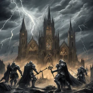 A vertical A4 epic gothic fantasy illustration for a heavy metal concert poster. In the background, a vast ruined gothic cathedral with broken arches, shattered stained glass and towering spires, partially collapsed, surrounded by mist and shadows. Above the cathedral, a dramatic stormy sky with dark clouds, lightning bolts and swirling winds.  In the foreground, 4 armored knights standing as a sacred order, wearing detailed medieval plate armor with engraved symbols. Each knight carries banners, swords and shields, their stances heroic and solemn. The banners flow violently in the storm wind.  A divine golden and white light descends from the sky, illuminating the knights, creating a holy and powerful aura, with rays of light cutting through the darkness.  Dark epic atmosphere, cinematic lighting, high contrast, dramatic perspective, ultra-detailed, realistic fantasy art, medieval sacred war aesthetic, power metal album cover style.  Empty space at the top and bottom for band logo and concert details. Vertical composition, poster-ready, high resolution