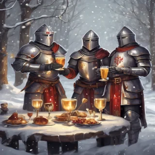 a festive illustration of four Templar knights celebrating New Year’s Eve in a winter setting. The knights are wearing detailed medieval Templar armor, decorated with subtle red and gold accents, their helmets lifted or slightly open to show joyful expressions. They are raising goblets and mugs in a toast, laughing and celebrating together. Snow is gently falling around them, with a cozy winter night atmosphere, glowing lanterns, fireworks in the sky, and a decorated medieval fortress or snowy village in the background.  The overall mood is warm, fun, and heroic despite the cold winter environment. Dominant colors are red, gold, and silver, with soft white snow highlights. Cinematic lighting, high detail, fantasy medieval style, slightly humorous and friendly tone, epic yet light-hearted New Year celebration