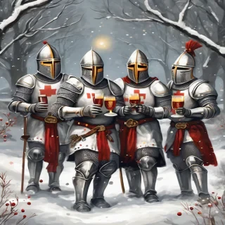 A cheerful and festive illustration of four Templar knights celebrating New Year’s Eve in a winter setting. The knights are wearing detailed medieval Templar armor, decorated with subtle red and gold accents, their helmets lifted or slightly open to show joyful expressions. They are raising goblets and mugs in a toast, laughing and celebrating together. Snow is gently falling around them, with a cozy winter night atmosphere, glowing lanterns, fireworks in the sky, and a decorated medieval fortress or snowy village in the background.  The overall mood is warm, fun, and heroic despite the cold winter environment. Dominant colors are red, gold, and silver, with soft white snow highlights. Cinematic lighting, high detail, fantasy medieval style, slightly humorous and friendly tone, epic yet light-hearted New Year celebration