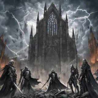 A vertical A4 epic gothic fantasy illustration for a heavy metal concert poster. In the background, a vast ruined gothic cathedral with broken arches, shattered stained glass and towering spires, partially collapsed, surrounded by mist and shadows. Above the cathedral, a dramatic stormy sky with dark clouds, lightning bolts and swirling winds.  In the foreground, four armored knights standing as a sacred order, wearing detailed medieval plate armor with engraved symbols. Each knight carries banners, swords and shields, their stances heroic and solemn. The banners flow violently in the storm wind.  A divine golden and white light descends from the sky, illuminating the knights, creating a holy and powerful aura, with rays of light cutting through the darkness.  Dark epic atmosphere, cinematic lighting, high contrast, dramatic perspective, ultra-detailed, realistic fantasy art, medieval sacred war aesthetic, power metal album cover style.  Empty space at the top and bottom for band logo and concert details. Vertical composition, poster-ready, high resolution