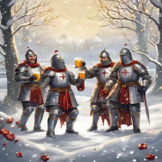 A cheerful and festive illustration of four Templar knights celebrating New Year’s Eve in a winter setting. The knights are wearing detailed medieval Templar armor, decorated with subtle red and gold accents, their helmets lifted or slightly open to show joyful expressions. They are raising goblets and mugs in a toast, laughing and celebrating together. Snow is gently falling around them, with a cozy winter night atmosphere, glowing lanterns, fireworks in the sky, and a decorated medieval fortress or snowy village in the background.  The overall mood is warm, fun, and heroic despite the cold winter environment. Dominant colors are red, gold, and silver, with soft white snow highlights. Cinematic lighting, high detail, fantasy medieval style, slightly humorous and friendly tone, epic yet light-hearted New Year celebration