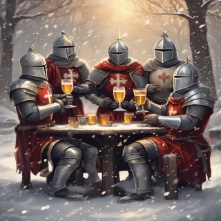 a festive illustration of four Templar knights celebrating New Year’s Eve in a winter setting. The knights are wearing detailed medieval Templar armor, decorated with subtle red and gold accents, their helmets lifted or slightly open to show joyful expressions. They are raising goblets and mugs in a toast, laughing and celebrating together. Snow is gently falling around them, with a cozy winter night atmosphere, glowing lanterns, fireworks in the sky, and a decorated medieval fortress or snowy village in the background.  The overall mood is warm, fun, and heroic despite the cold winter environment. Dominant colors are red, gold, and silver, with soft white snow highlights. Cinematic lighting, high detail, fantasy medieval style, slightly humorous and friendly tone, epic yet light-hearted New Year celebration