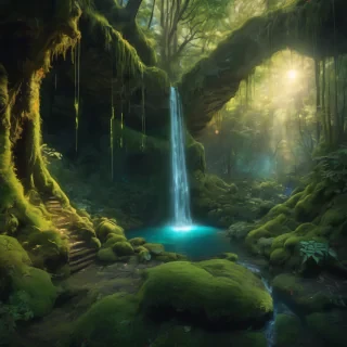 A breathtaking panoramic shot of a hidden waterfall in an ancient, glowing forest, ethereal light filtering through the canopy, vibrant moss and bioluminescent flora, cinematic, highly detailed, fantasy art.
