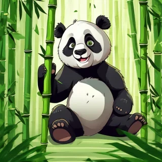 A super cute and cuddly cartoon panda happily munching on bamboo in a lush, vibrant bamboo forest. Big, expressive eyes, a playful pose, bright green bamboo stalks, soft sunlight filtering through the leaves. Detailed 2D animation style, cheerful and friendly atmosphere.