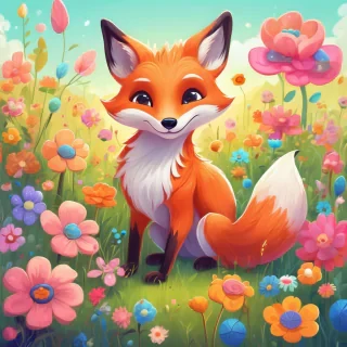 A cute cartoon character, a joyful little fox with big eyes, sitting among giant, colorful, whimsical flowers in a vibrant meadow. Bright, sunny day, soft pastel colors, storybook illustration style, high detail, volumetric lighting, cheerful atmosphere.