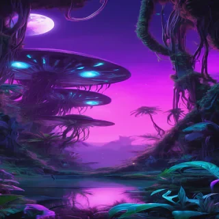 An alien jungle glowing with bioluminescent plants, under a violet sky with twin moons,