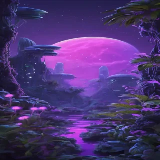 An alien jungle glowing with bioluminescent plants, under a violet sky with twin moons,