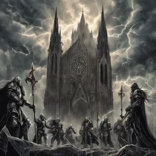 A vertical A4 epic gothic fantasy illustration for a heavy metal concert poster. In the background, a vast ruined gothic cathedral with broken arches, shattered stained glass and towering spires, partially collapsed, surrounded by mist and shadows. Above the cathedral, a dramatic stormy sky with dark clouds, lightning bolts and swirling winds.  In the foreground, four armored knights standing as a sacred order, wearing detailed medieval plate armor with engraved symbols. Each knight carries banners, swords and shields, their stances heroic and solemn. The banners flow violently in the storm wind.  A divine golden and white light descends from the sky, illuminating the knights, creating a holy and powerful aura, with rays of light cutting through the darkness.  Dark epic atmosphere, cinematic lighting, high contrast, dramatic perspective, ultra-detailed, realistic fantasy art, medieval sacred war aesthetic, power metal album cover style.  Empty space at the top and bottom for band logo and concert details. Vertical composition, poster-ready, high resolution