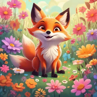 A cute cartoon character, a joyful little fox with big eyes, sitting among giant, colorful, whimsical flowers in a vibrant meadow. Bright, sunny day, soft pastel colors, storybook illustration style, high detail, volumetric lighting, cheerful atmosphere.