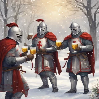 A cheerful and festive illustration of four Templar knights celebrating New Year’s Eve in a winter setting. The knights are wearing detailed medieval Templar armor, decorated with subtle red and gold accents, their helmets lifted or slightly open to show joyful expressions. They are raising goblets and mugs in a toast, laughing and celebrating together. Snow is gently falling around them, with a cozy winter night atmosphere, glowing lanterns, fireworks in the sky, and a decorated medieval fortress or snowy village in the background.  The overall mood is warm, fun, and heroic despite the cold winter environment. Dominant colors are red, gold, and silver, with soft white snow highlights. Cinematic lighting, high detail, fantasy medieval style, slightly humorous and friendly tone, epic yet light-hearted New Year celebration