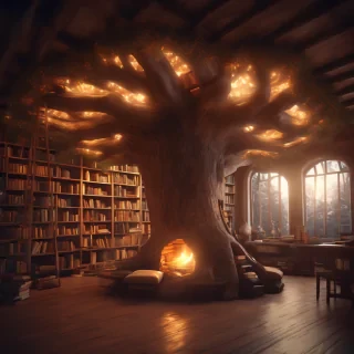 "A cozy, hidden bookstore inside a giant, hollowed-out tree trunk, shelves overflowing with ancient, glowing books, warm fireplace light, low angle shot, octane render."