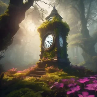 "An antique clock tower covered in vibrant moss and overgrown with luminous fantasy flowers, in a foggy, sunlit forest clearing, concept art, cinematic lighting, dramatic