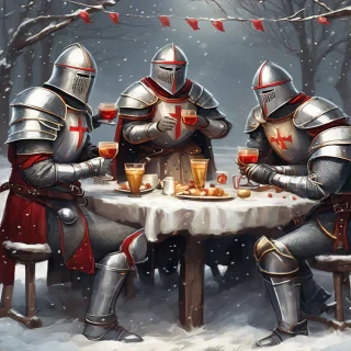 A cheerful and festive illustration of four Templar knights celebrating New Year’s Eve in a winter setting. The knights are wearing detailed medieval Templar armor, decorated with subtle red and gold accents, their helmets lifted or slightly open to show joyful expressions. They are raising goblets and mugs in a toast, laughing and celebrating together. Snow is gently falling around them, with a cozy winter night atmosphere, glowing lanterns, fireworks in the sky, and a decorated medieval fortress or snowy village in the background.  The overall mood is warm, fun, and heroic despite the cold winter environment. Dominant colors are red, gold, and silver, with soft white snow highlights. Cinematic lighting, high detail, fantasy medieval style, slightly humorous and friendly tone, epic yet light-hearted New Year celebration