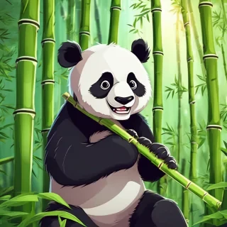 A super cute and cuddly cartoon panda happily munching on bamboo in a lush, vibrant bamboo forest. Big, expressive eyes, a playful pose, bright green bamboo stalks, soft sunlight filtering through the leaves. Detailed 2D animation style, cheerful and friendly atmosphere.