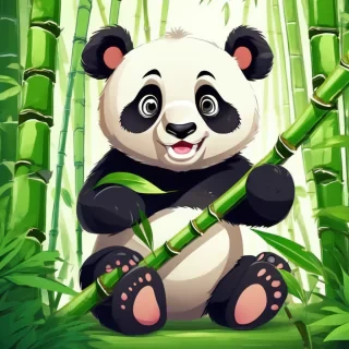 A super cute and cuddly cartoon panda happily munching on bamboo in a lush, vibrant bamboo forest. Big, expressive eyes, a playful pose, bright green bamboo stalks, soft sunlight filtering through the leaves. Detailed 2D animation style, cheerful and friendly atmosphere.