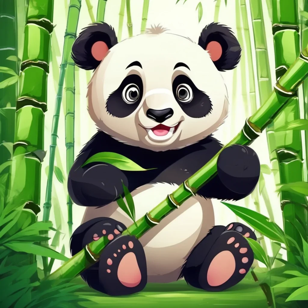 A super cute and cuddly cartoon panda happily munching on bamboo in a lush, vibrant bamboo forest. Big, expressive eyes, a playful pose, bright green bamboo stalks, soft sunlight filtering through the leaves. Detailed 2D animation style, cheerful and friendly atmosphere.