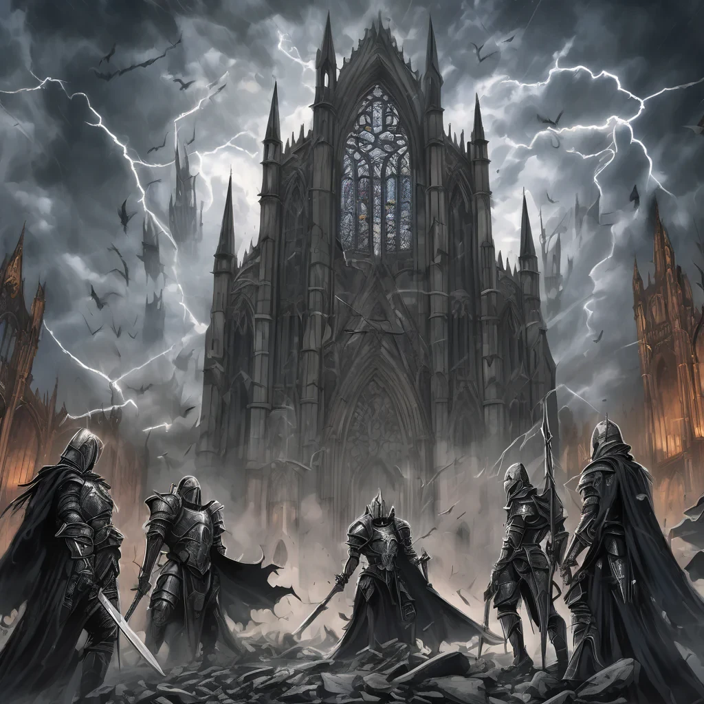 A vertical A4 epic gothic fantasy illustration for a heavy metal concert poster. In the background, a vast ruined gothic cathedral with broken arches, shattered stained glass and towering spires, partially collapsed, surrounded by mist and shadows. Above the cathedral, a dramatic stormy sky with dark clouds, lightning bolts and swirling winds.  In the foreground, four armored knights standing as a sacred order, wearing detailed medieval plate armor with engraved symbols. Each knight carries banners, swords and shields, their stances heroic and solemn. The banners flow violently in the storm wind.  A divine golden and white light descends from the sky, illuminating the knights, creating a holy and powerful aura, with rays of light cutting through the darkness.  Dark epic atmosphere, cinematic lighting, high contrast, dramatic perspective, ultra-detailed, realistic fantasy art, medieval sacred war aesthetic, power metal album cover style.  Empty space at the top and bottom for band logo and concert details. Vertical composition, poster-ready, high resolution