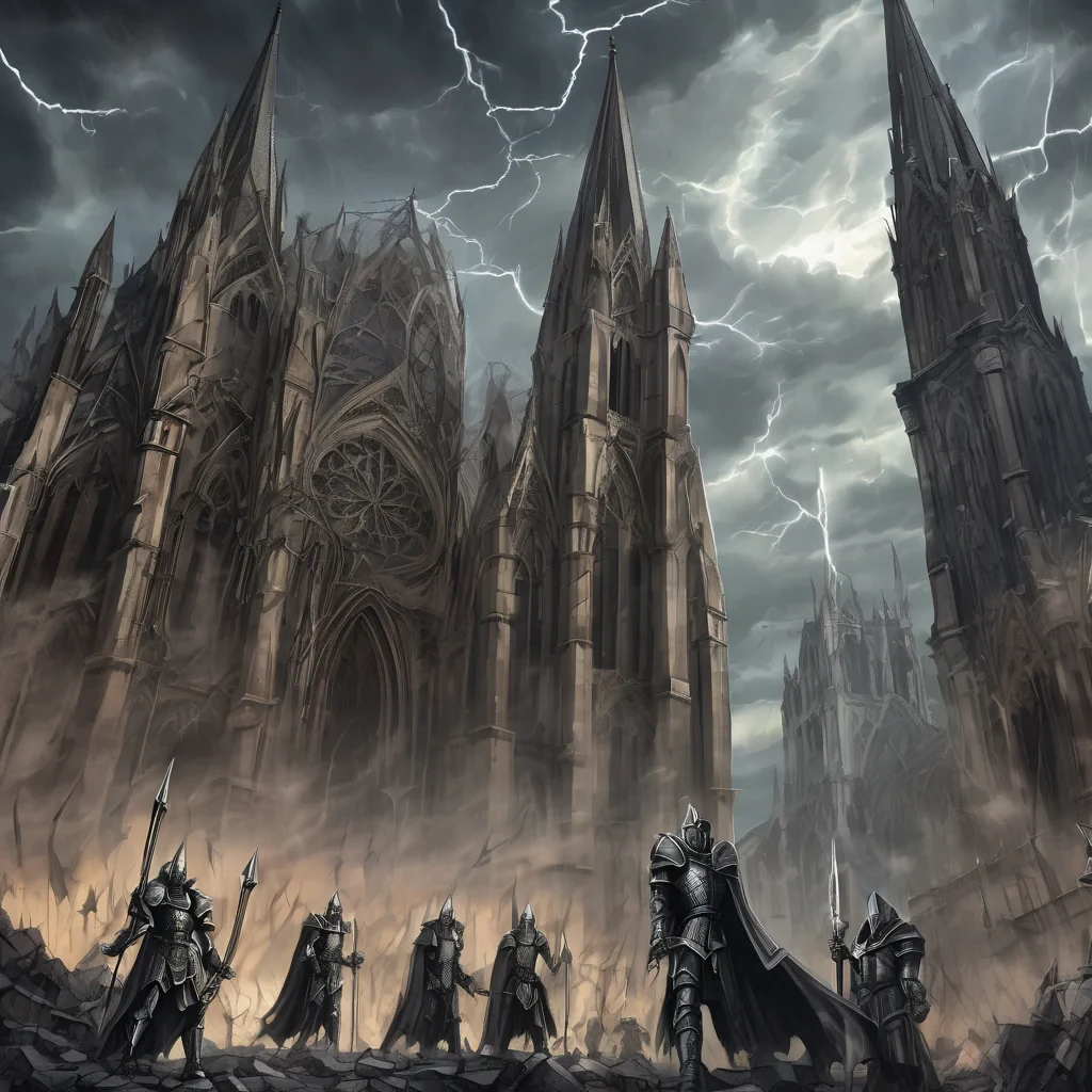 A vertical A4 epic gothic fantasy illustration for a heavy metal concert poster. In the background, a vast ruined gothic cathedral with broken arches, shattered stained glass and towering spires, partially collapsed, surrounded by mist and shadows. Above the cathedral, a dramatic stormy sky with dark clouds, lightning bolts and swirling winds.  In the foreground, four armored knights standing as a sacred order, wearing detailed medieval plate armor with engraved symbols. Each knight carries banners, swords and shields, their stances heroic and solemn. The banners flow violently in the storm wind.  A divine golden and white light descends from the sky, illuminating the knights, creating a holy and powerful aura, with rays of light cutting through the darkness.  Dark epic atmosphere, cinematic lighting, high contrast, dramatic perspective, ultra-detailed, realistic fantasy art, medieval sacred war aesthetic, power metal album cover style.  Empty space at the top and bottom for band logo and concert details. Vertical composition, poster-ready, high resolution